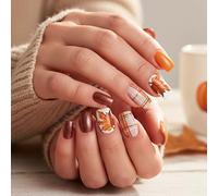 24PCS Plaid Leaf Press On Nails - Short Square Autumn False Nails with Maple Leaf and Orange Plaid Design - Stick On Kit for Women