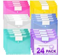 24PCS Plastic Wallets A4 Punched Pockets-6 Colours File Folders with 11 Holes, Transparent Document Envelopes Wallets with Snap Button Label Pockets for Office, School, and Home Organization