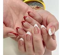 24Pcs Polka Dot French Tip Press on Nails Medium Almond Fake Nails White Red French Nails Press ons with Polka Dots Mini Bow Design,Reusable Artificial Nail Full Cover Stick on Nail for Women Manicure