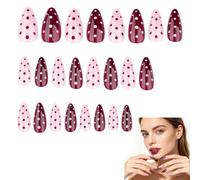 24Pcs Polka Dot Nails Almond Press-on Summer, Full Cover Glue French Tip False Stick for Women, Medium Acrylic, Pink and Red