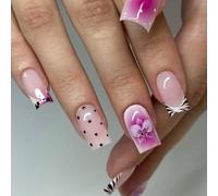 24Pcs Polka Dot Press on Nails - French Tip False Nails with Glue - Medium Square Stick on nails - Purple Ombre Fake Nails - Flower, Leopard Print Acrylic Nail Tips for Women Artistic Elegant Manicure