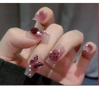 24pcs Pre-Recorded Nails with Rhinestones and Glitter Butterfly, with Glue, Durable and Reusable (A5, Muticolor)