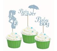 24Pcs Pregnant Women Cupake Topper Pregnancy Announcement Cake Toppers Glitter Cupcake Decorations Pregnancy Reveal Lady Cake Decor for Women Mothers Birthday Cake Decoration Party Supplies Blue