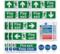 24pcs Premium Fire Exit Sign Kit (Right, Left, Up, Down Arrow) - Fire Action Notice Sign, Keep Clear, Door Keep Shut, Self Adhesive Vinyl Sticker EN ISO 7010 Compliant