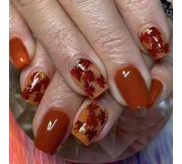 24Pcs Press On Fingernail Tips European Type Leaf Design Short Square Form Artificial Fingernails With Radiance Coating Glittering False Fingernail Autumn