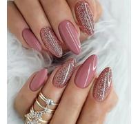 24Pcs Press On Medium Almond Fake Nails - Pure Color, Red & Glitter Acrylic Removable Glue On Oval Artificial Stick On Nails for Women and Girls