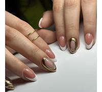 24Pcs Press on Nails Almond False Nails with 3D Gold Stripe Design, Unique Fashionable Style, Nude Pink Base with White French Tips, Gold Metallic Accents for Chic and Trendy Manicuree