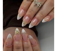 24PCS Press on Nails Almond - French Tip False Nails Medium - Pink White Fake Nails with Marble-Patterned Golden Bow - Full Cover Durable Artificial Nails for Women Nail Decoration