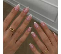 24PCS Press on Nails Almond - French Tip False Nails with Glue - Elegant Pink Fake nails White Tip - Medium Length Stick on Nails - Full Cover Acrylic Nail Tips for Women DIY Natural French Manicure