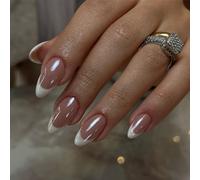 24PCS Press on Nails Almond - Medium French Tip False Nails - Natural Nude Style Long Fake nails with Glue - Full Cover High Glossy Acrylic Nail Tips - White Tips Design for Women DIY French Manicure
