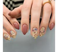 24Pcs Press On Nails Almond Shape - Floral Nude Pink Design with Hand-Painted Look - Includes Accessory Tools for Easy DIY Application at Home or On the Go