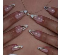 24Pcs Press on Nails Almond Shape with 3D Gold Line Design, False Nails French Tip for Women, Fake Stick on with Unique Patterns, Medium Length Acrylic