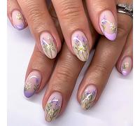 24Pcs Press on Nails Almond Shaped, Daisy Flower Purple French False Nails, Spring Summer Acrylic Fake Stick on Nails Medium Length, Reusable Glossy Natural Gel Full Cover Manicure Kit for Women Girls
