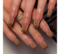 24PCS Press On Nails Almond Short Fake Kit - French Tip False Nails with Caramel Marble Design Halloween Autumn DIY Manicure Handmade Flower Short Almond Tips Acrylic Square for Women Stick On