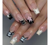 24PCS Press on Nails - Coffin French Tip & Star Design - Short to Medium Length Fake Nails - ABS Material Stick On Nails for Women - Easy to Apply with Accessory Tools & Long-Lasting Shine