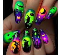 24PCS Press on Nails Fake Nails with Fluorescent Green Purple Gradient Base Witch Black Cat Bat Design Glossy Durable False for Women Party Cosplay Decorations (Fluorescent Green)