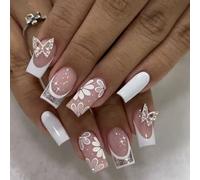 24pcs Press On Nails French Rhinestones Butterfly Designs Stick On False For Stylish Holiday Celebrations Rhinestones Butterfly Nail