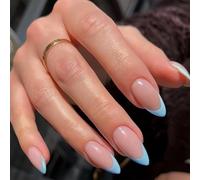 24PCS Press on Nails French Tip, Almond False Nails with Glue, Medium Long Blue Tip Pink Stick on Nails, Simple Classic Acrylic Full Cover Fake Nails for Women DIY At Home