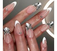 24Pcs Press On Nails French Tip Metal Bows Designs Almond Acrylic False Stick On For Women And Girls Length Nail