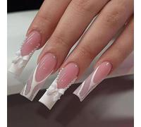 24PCS Press On Nails French Tip with White Bow & Pearls - Long Square Fake Nails with Elegant 3D Bow & Teardrop Design, Summer Art for Women Girls, Coffin Style, Gift Idea