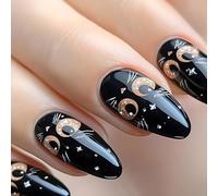 24pcs Press On Nails Glossy Shining Almond Shape False Nails With Black Cats Designs Glues On For Women Art Party Nail Decorations