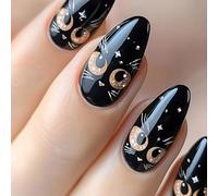 24pcs Press On Nails Glossy Shining Almond Shape False Nails With Black Cats Designs Glues On Nails For Women Nails Art