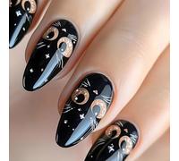 24pcs Press On Nails Glossy Shining Almond Shape False With Black Cats Designs Glues On For Women Art Press On Nail