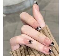 24Pcs Press On Nails - Glossy Square Fake Nails with Star Design for Women & Teens, Reusable Artificial Nails for Party, Daily, Wedding, Date Night | Easy Application & Long-Lasting