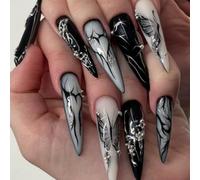 24PCS Press On Nails Gothic Black Butterfly Design - Almond Fake Nails with Full Cover ABS Tips, Reusable Stick-On with Jelly Adhesive Tabs, Y2K Aesthetic for Women and Girls Art