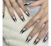 24Pcs Press on Nails long Rhinestones Coffin French Fake Nails Ballet Luxury Black Line Glossy Fake Nails, for Women and Girl DIY Manicure