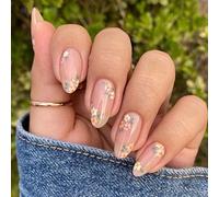 24Pcs Press on Nails Medium Almond - Glossy Soft Gel Nude False Nails with Daisy Design - 12 Sizes Spring Floral Fake Nails with Glue - Stick on nails for Women and Girls Nail Art Set