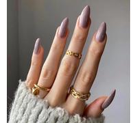 24Pcs Press on Nails Medium Almond Pure Color French Tip False Nails Full Cover Acrylic Nails Set Reusable Fake Nails with Glue Stickers Stiletto Stick on Nails for Women and Girls (Temptation Gray)