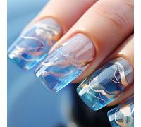24Pcs Press on Nails Medium Length Square Blue Tips False Nails Elegant French Fake Nails with Gold Lines Design Acrylic Full Cover Stick on Nails for Women and Girls Nail Art