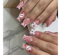 24Pcs Press On Nails Middle Square Winter False Nails French Nails Art Tips Stick On Nails With Bows Charm Designs