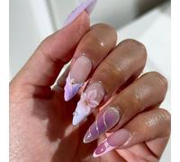 24Pcs Press-on Nails - Pink Purple Gradient Design with 3D Floral Embellishment & Pearl Accents - Gold Lined Stiletto Shape Full Cover Glue on Nails with Jelly Adhesive for Delicate Look
