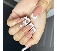 24Pcs Press On Nails Set Long Square French Flower Bows Stick On Nails False For Women Party Accessories Fashionable White Nail Tips