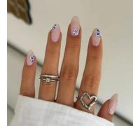 24PCS Press on Nails Short - 12 Sizes Oval False Nails with Glue - Blue Flower Design Fake Nails Set - Almond Floral Ballet Stick on Nails - Elegant Full Cover Artificial Nails for Women Daily Wear