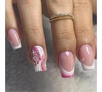 24PCS Press on Nails Short - 12 Sizes Square French Tip False Nails - Pink Fake Nails with Glue - Glue on Nails with Butterfly Element - Elegant Full Cover Stick on Nail for Women Girls Daily Wear