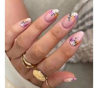 24Pcs Press on Nails Short Almond Fake Nails French Tip Glossy Nude with Elegant Purple Flower Design Acrylic Stick on for Women