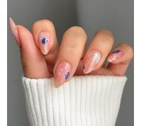 24PCS Press on Nails Short Almond False Nails with Sweet Floral Gold Fake Flower Press Summer Handmade on (Pink Floral Nails)