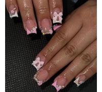 24PCS Press On Nails Short False Nails with 3D Pink Bow Design - ABS Square Fake for Women, Easy to Apply with Accessory Tools, French Tip Design for Y2K Summer, Ideal for Trendy Manicures