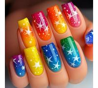 24Pcs Press on Nails Short French Tip False Nails Almond Handmade Vibrant Rainbow Star with Sparkling Star Details, Medium Ballet Shape for Parties and Festivals