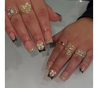 24Pcs Press on Nails, Short Square Black French Tip False Nails with Bow Design, Fake Nails for Women, Girls, Beginners for Parties, Dates, Manicure (Glossy)