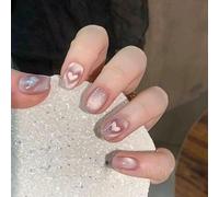 24PCS Press on Nails Short Square, Pink French False Nails Acrylic Fake Nails with Heart & Cat Eye Designs, Natural Glue on Nail with Jelly Glue, Removable Full Cover Stick on Nail for Women Girls