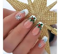 24PCS Press on Nails Short - Xmas Glitter Fake Nails with Glue - Snowflake and Christmas Holly Designs - Short Square False Nails - Acrylic French Stick on Nails - Suitable for Christmas Party