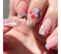 24Pcs Press on Nails Square, 3D Embossed Flowers Medium False Nails, Spring Summer Floral Glossy Fake Nails Stick on, Natural & Reusable, Full Cover Acrylic Manicure Kit for Women Girls