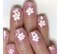 24Pcs Press On Nails Square Fake With Flower Designs False Glitters Glues On Artificial For Womens Fench Tip Fake Nail