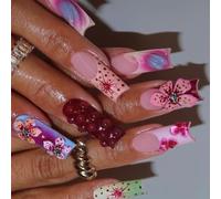 24Pcs Press On Nails Square False Full Covers Acrylic With Floral Pattern Stick On For Women And Girls Long Square Acrylic Nail