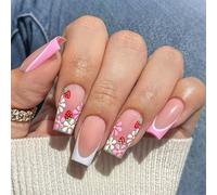 24Pcs Press On Nails Square French Tip False Nails Full Covers Strawberry Glossy Artificial With Flower Designs Flower Press On Nail