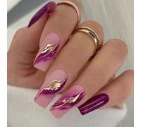 24Pcs Press on Nails Square French Tip False Nails Medium Length Purple Stick on Nails with Gold Glitter Design Reusable Acrylic Artificial Elegant Fake Nails for Women and Girls